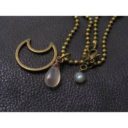 Crescent Moon Necklace with Grey Moonstone and Labradorite