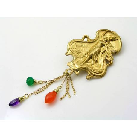 Nike Goddess of Victory Brooch, Amethyst, Carnelian and Green Onyx Brooch