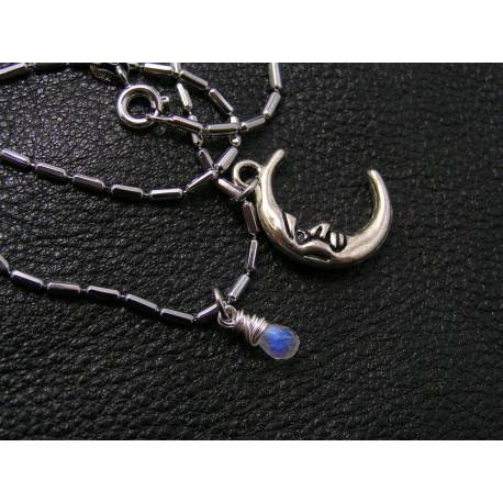 Cute Silver Moon Necklace with Labradorite
