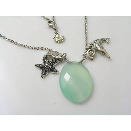 Sea Foam Chalcedony Necklace with Ocean Charms