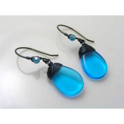 Tropical Blue Drop Earrings, Wire Wrapped Czech Glass Earrings