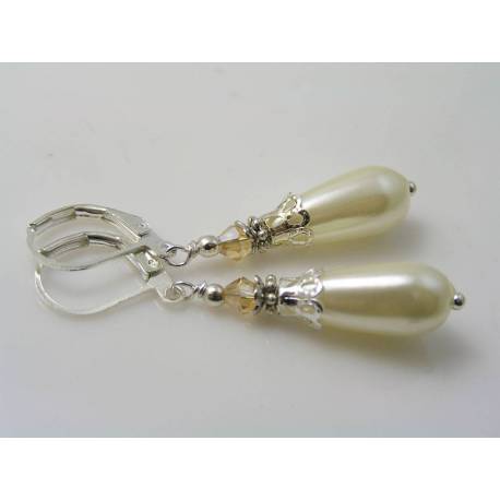 Silver Pearl Drop Earrings, Screw on Earrings