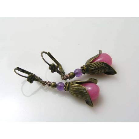 Pink Jade and Amethyst Earrings