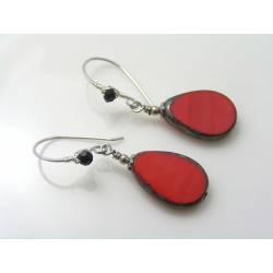 Red Czech Glass Drop Earrings, Wire Wrapped Ear Wires