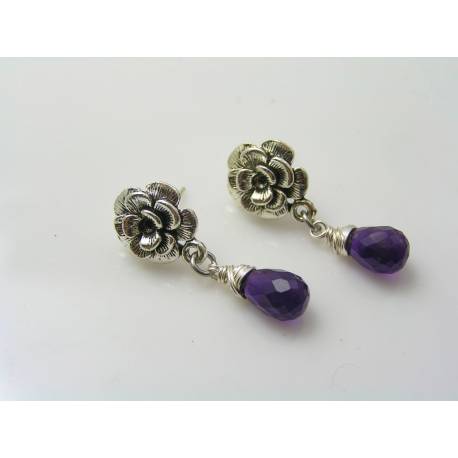 Purple Amethyst on Silver Roses Ear Studs