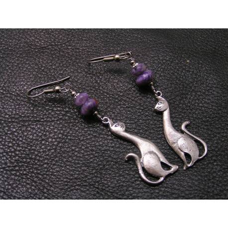 Purple Charoite Earrings with Cat Charms