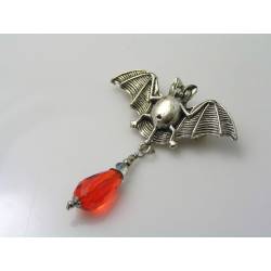 Large Bat Brooch, Red Crystal Drop