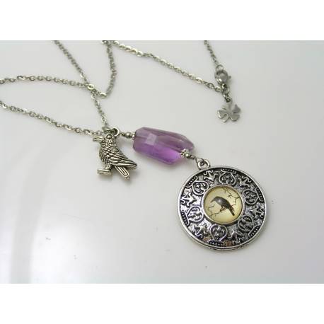 Magical Raven Necklace with Faceted Amethyst