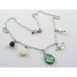 Story Teller Necklace, Abalone, Pearl, Lava Stone