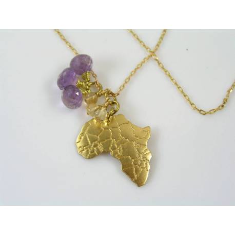 Africa Map Necklace, Amethyst and Citrine