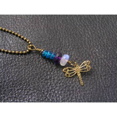 Moonstone, Amethyst and Apatite Necklace with Dragonfly Charm