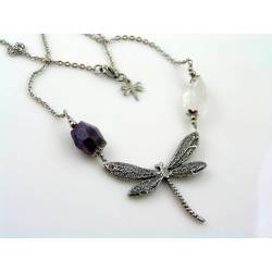 Dragonfly Necklace, Amethyst and Rock Quartz