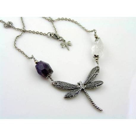Dragonfly Necklace, Amethyst and Rock Quartz