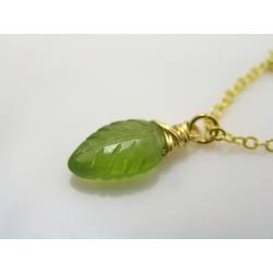 Vesuvianite Necklace, Carved Gemstone Leaf