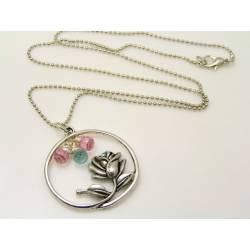 Rose Pendant Necklace with Pink and Aqua Gemstone Drops