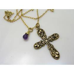 Ornate Cross Necklace with Amethyst, February Birthstone