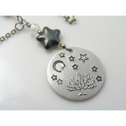 Hand stamped Tree of Life Necklace, Hematite Star