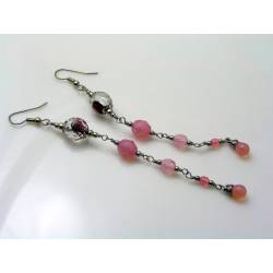 Long Pink Crystal Earrings, Handmade