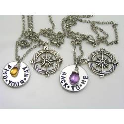 2 Compass Necklaces with Birthstones, Hand Stamped 'Find Your Way' 'Back To Me'