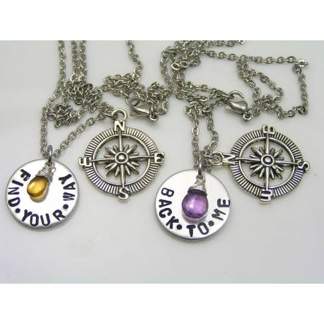 2 Compass Necklaces with Birthstones, Hand Stamped 'Find Your Way' 'Back To Me'