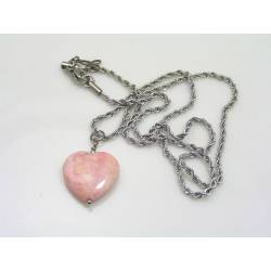 Rhodochrosite Heart Necklace with Butterfly Charm, Stainless Steel Rope Chain