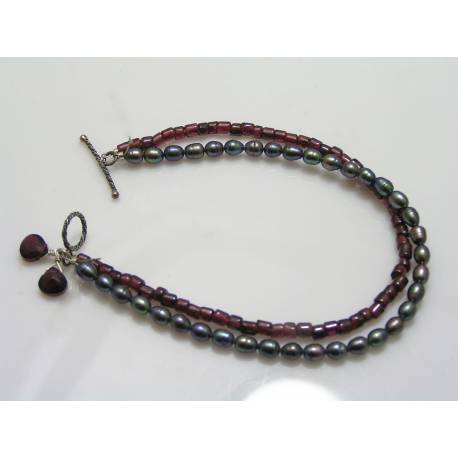 Garnet and Pearl Bracelet, Sterling Silver