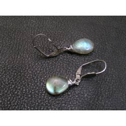 Labradorite Earrings, silver tone hoop