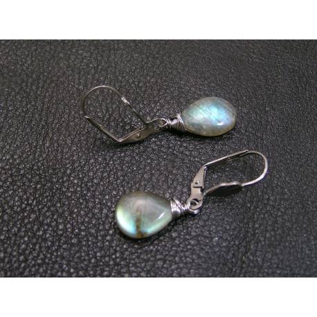 Labradorite Earrings, silver tone hoop