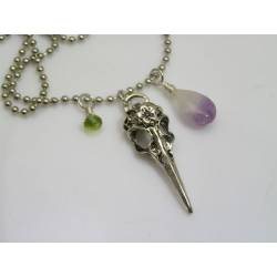 Gothic Raven Skull Necklace with Amethyst and Peridot 