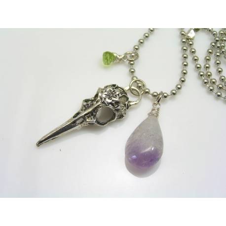 Gothic Raven Skull Necklace with Amethyst and Peridot 