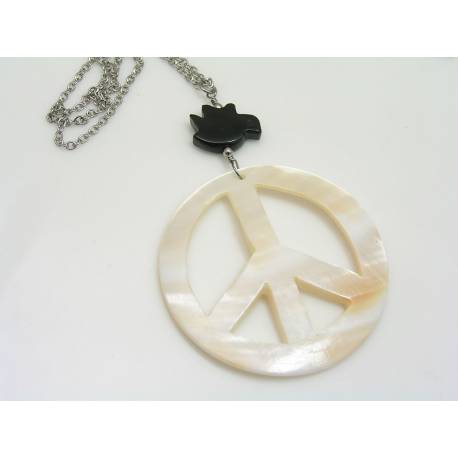 Mother of Pearl Peace Pendant Necklace with Agate Dove