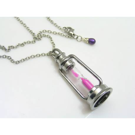 Hourglass Pendant Necklace, pink sand