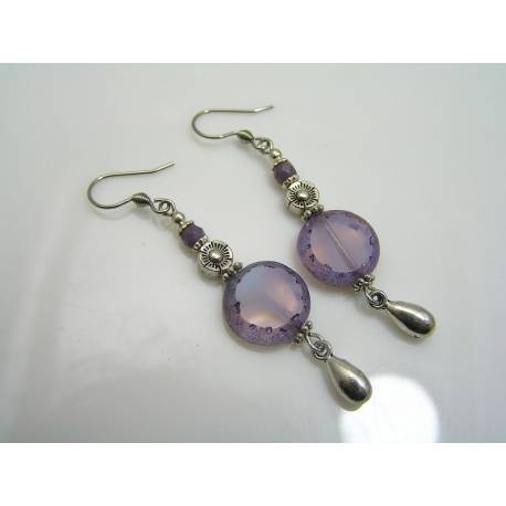 Purple and Silver Earrings, Czech Glass Beads
