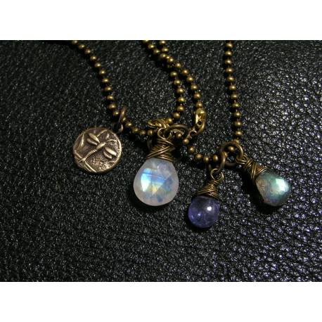 Moonstone Charm Necklace with Tanzanite and Labradorite