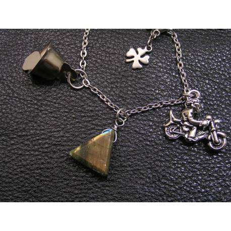 Motorcycle Rider Necklace with Labradorite and Gremlin Bell