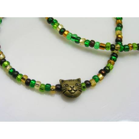 Green Seed Bead Necklace with cute Cat Charm