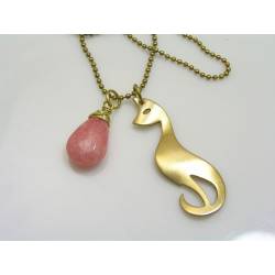 Elegant Cat Pendant Necklace with Rhodochrosite Drop