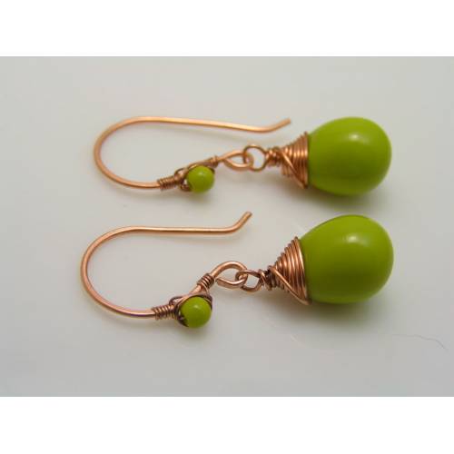 Copper Earrings with Lime Green Drops