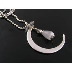 Crescent Moon Necklace with Cat's Eye Drop and Crystals