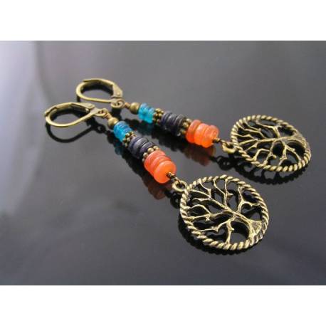 Tree of Life Earrings with Apatite, Iolite and Carnelian