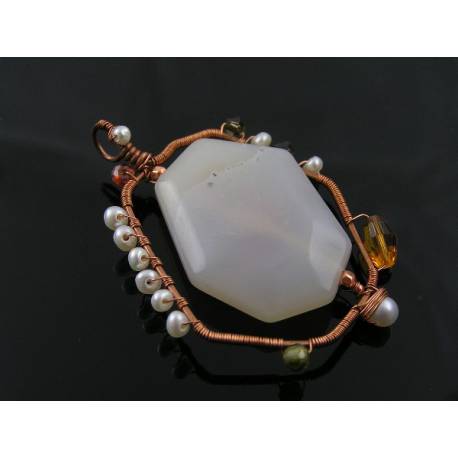 Large Chalcedony, Pearl and Crystal Wire Wrapped Pendant