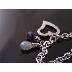 Stainless Steel Bracelet with Heart Charm, Labradorite and Amethyst