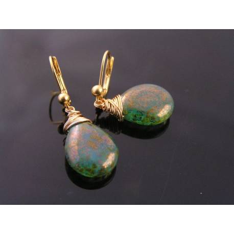 Green Golden Czech Glass Drop Earrings