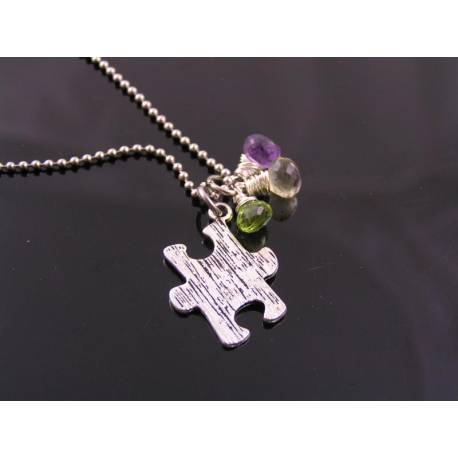 Autism Awareness, Puzzle Piece Necklace with Hematite, Chalcedony, Garnet, Apatite and Citrine