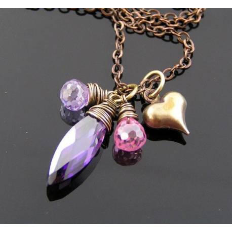 Pink and Purple Heart Necklace, Sparkling Cubic Zirconia