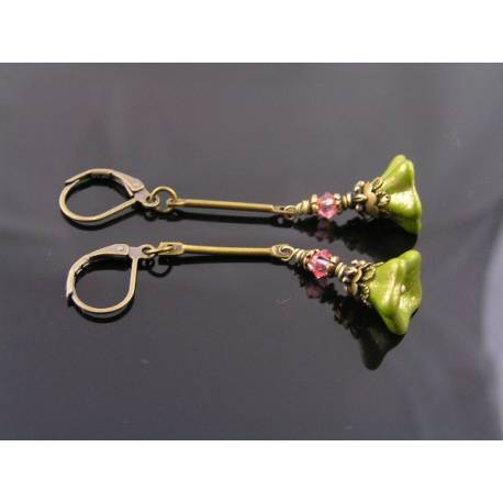 Olive Flower and Pink Crystal Earrings