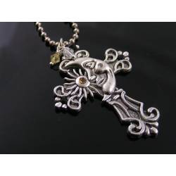 Ornate Crystal-Set Cross Necklace with Moon and Sun