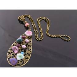 Filigree Pendant Necklace with Czech Flowers and Beads