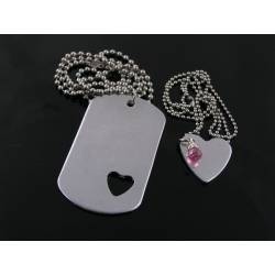 Matching Couple Necklace with Dog Tag and Heart Pendants and Pink Cubic Zirconia