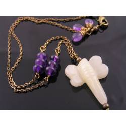 Carved Jade Dragonfly Necklace, Amethyst
